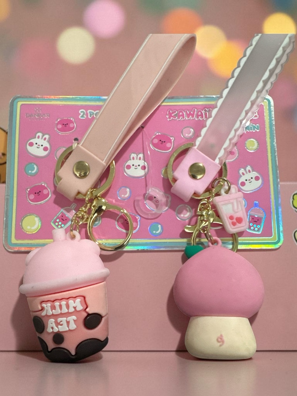 Kawaii Pink Milk Tea & Peach Charm Keychain Set - Picture 2 of 2